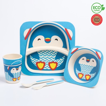 A set of children's bamboo dishes "Penguin", plate, bowl, glass, devices, 5 items