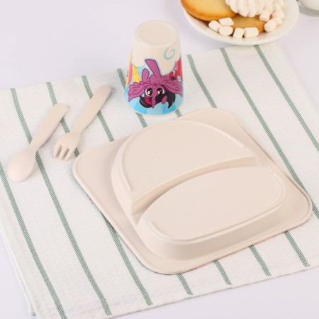 A set of children's bamboo dishes, 4 items: plate, fork, spoon, glass, My Little Pony-5