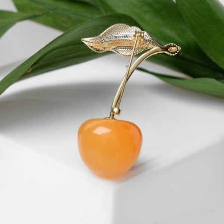 Brooch "Cherry" with a leaf, the color of orange-green in gold-1
