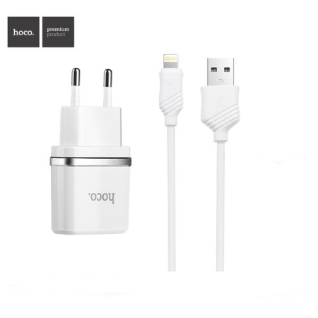 Network charger Hoco C11, USB - 1 A, Lightning 1 m, white cable-1