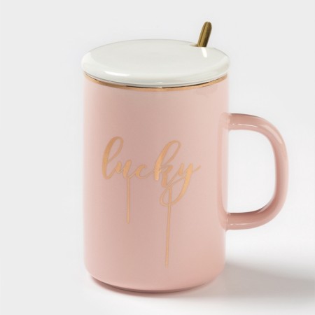 Ceramic mug with a lid and a spoon "Anabel", 350 ml, Mix drawing
