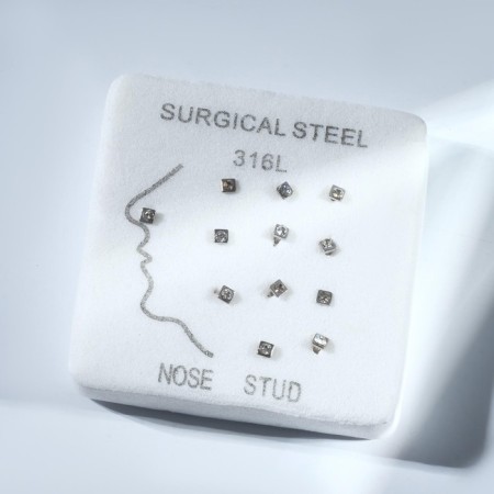 Piercing in the nose "Square and Strazinka" set of 12 pcs., L = 9 mm, white in silver-1