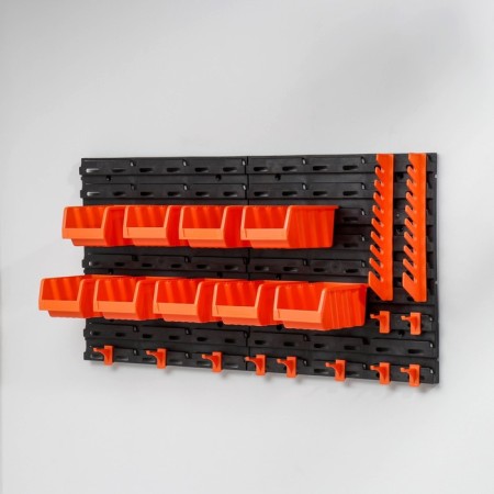 An organizer wall -mounted with trays, orange color