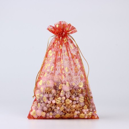 Gift bag “Happy New Year”, organza, red, 20 x 30 cm, new year-1