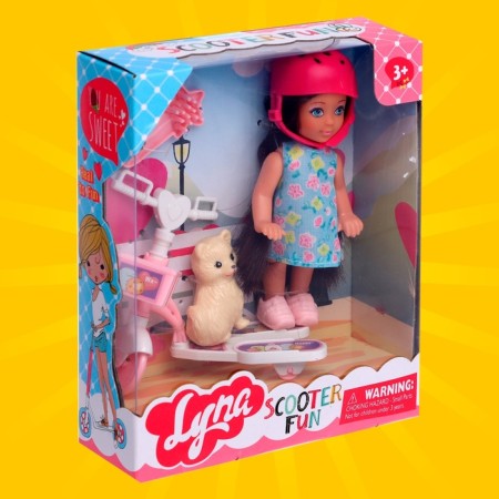 Doll baby Lyna on a walk with a scooter, pet and accessories, mix-6