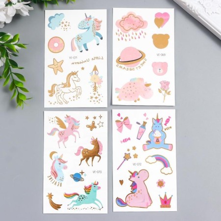 Tattoo on the body color "unicorns and clouds" with gold mix 12x7.5 cm