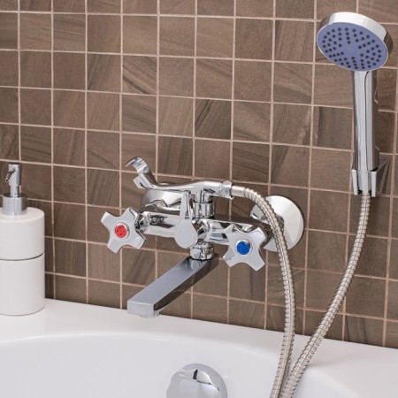 Bath mixer RMS SL115-142E, two-wound, short spout, with a shower set, chrome-1