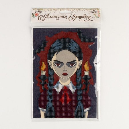 Diamond mosaic with partial filling on the canvas "Gloomy Girl", 15 x 21 cm-3