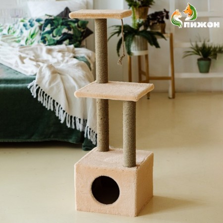 House for cats with a claw, with two shelves, jute, 37 x 37 x 111 cm, beige