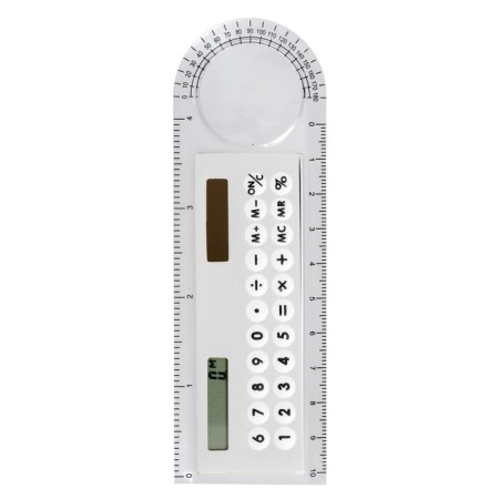 Calculator - ruler, 10 cm, 8 - discharge, case of transparent color, with a transporter, works from light, mix-9