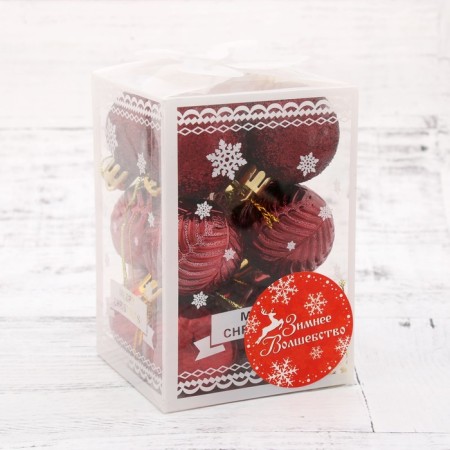 Set of balls plastic D-4 cm, 12 pcs "New Year's branches" burgundy-1