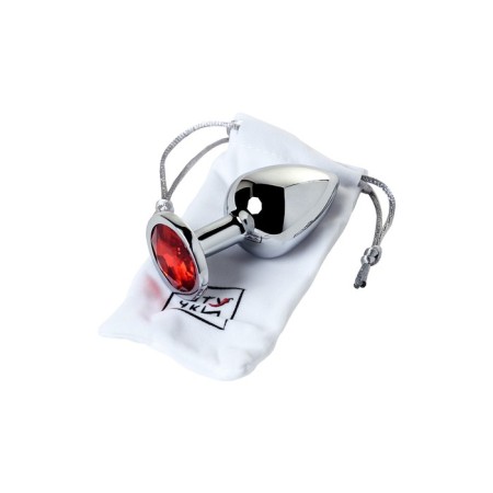 Anal plug, silver, with a crystal of ruby ​​color, 7 cm, d 3.5 cm-4