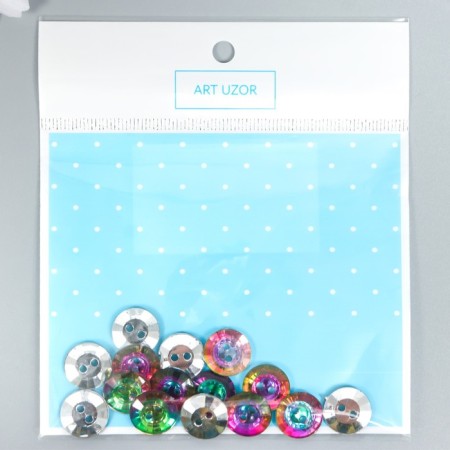 Buttons plastic for creativity 2 punctures "holography Circle" set 15 pcs 1.3x1.3 cm-3