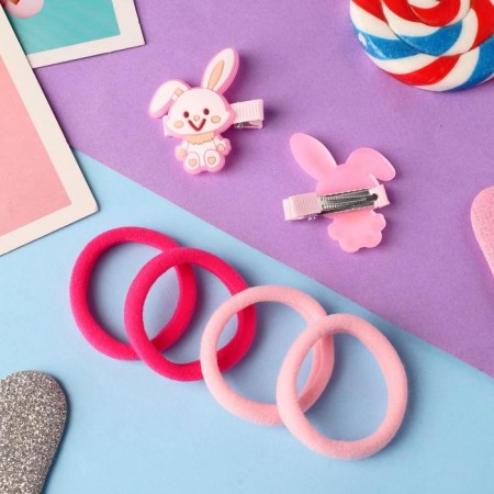 Caramel hair set (4 elastic bands, 2 clamps) hare, 3.5x2.5 cm, pink-2