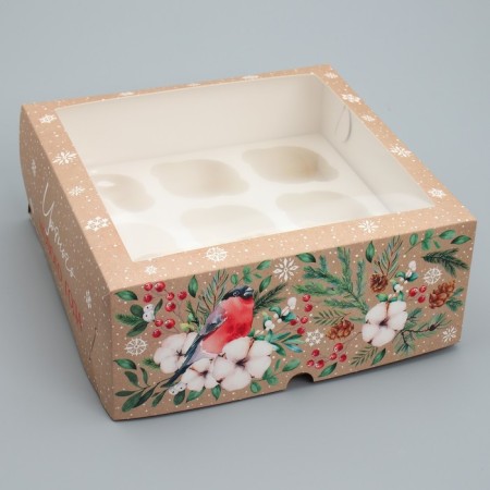 Folding box for 9 cupcakes with a “Cozy New Year” window, 25 x 25 x 10 cm, New Year