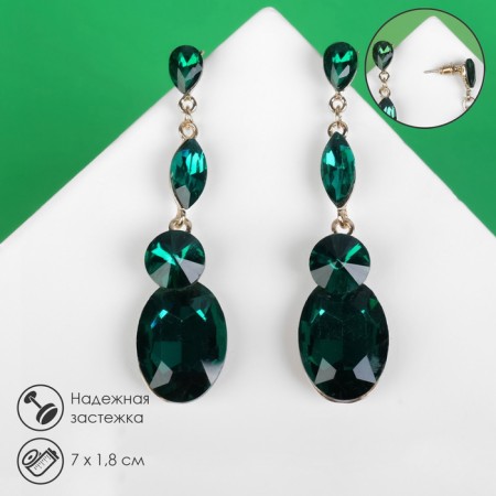 Hanging earrings with “Party” rhinestones path of drops, emerald color in gold, 7 cm