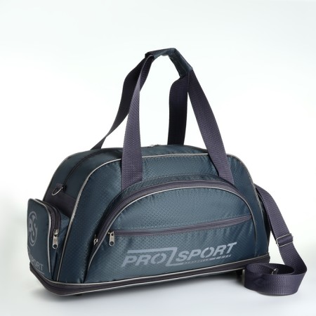 Sports bag with a lightning with an increase, 4 outer pockets, a long belt, the color is gray