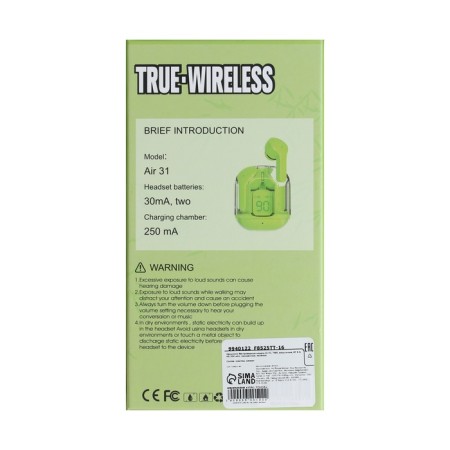 Wireless headphones Air31, TWS, vacuum, BT 5.0, 45/230 mAh, transparent, green-8