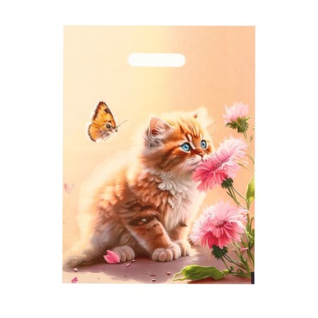 Polyethylene package with a cut -off pen "kitten with flowers", 30x40 cm, 50 μm