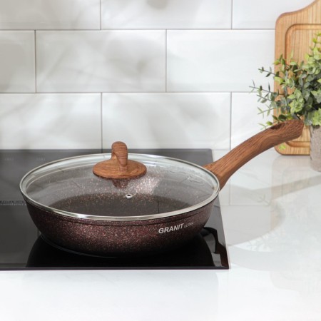 Granit Ultra Red, D = 26 cm pan, plastic handle, glass cover, anti -stick coating, brown color-5