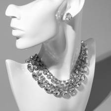 Set 2 items; Earrings, Vespers' necklace 4 rows, white color in silver
