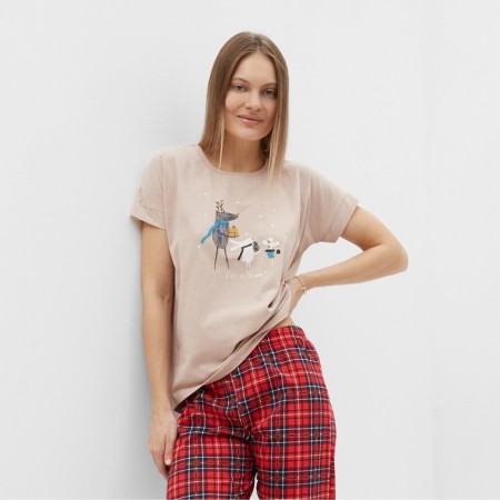 Female home set (T -shirt, trousers), beige/red color, size 48-1