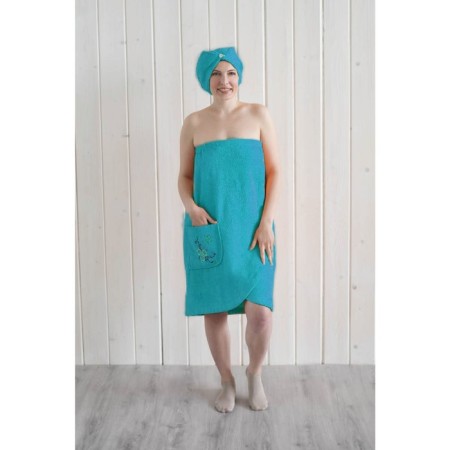 Women's set for the sauna (Pareo+Chalma) with embroidery, turquoise-1