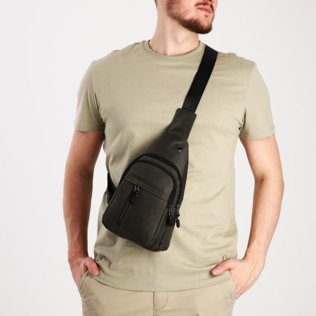 Male sling bag from textiles, headphones, green color