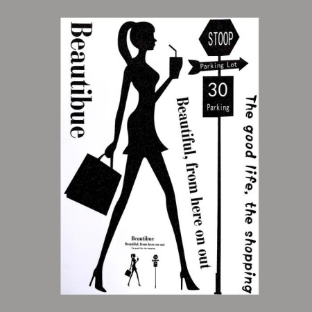 Sticker Plastic Interior Black "Girl with purchases" sparkles 50x70 cm