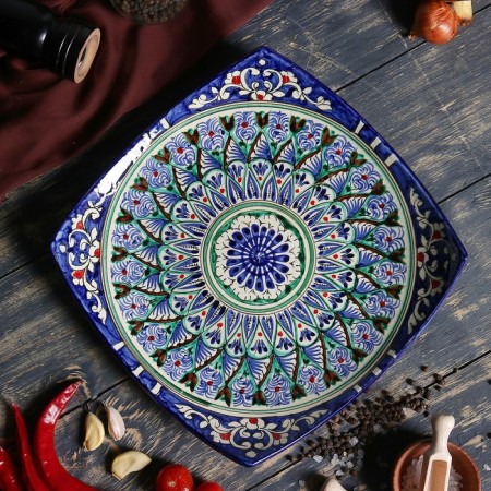 Largan Rishtan ceramics "Patterns", 25 cm, square, blue-1