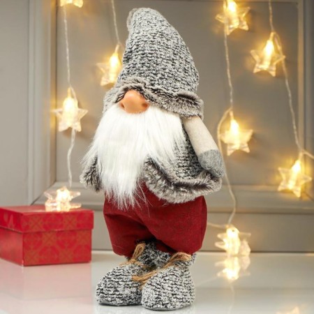 Interior doll "Grandpa in burgundy pants and gray jacket" 42x12x17 cm-4