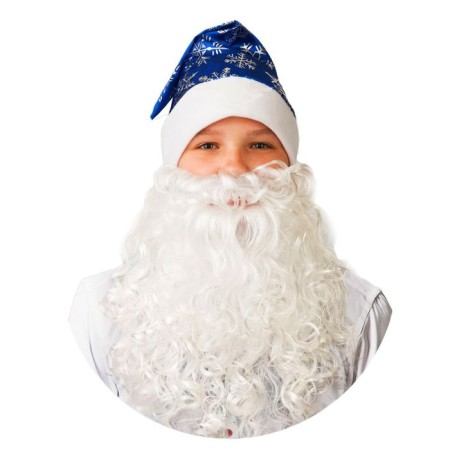 New Year's cap with a beard, the color is blue with snowflakes, satin