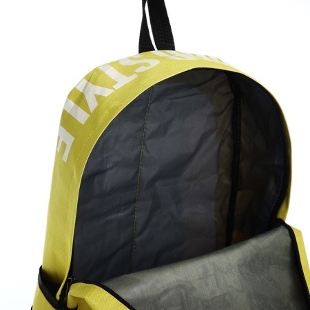 A backpack with a zipper, an outer pocket, 2 side pockets, yellow color-5