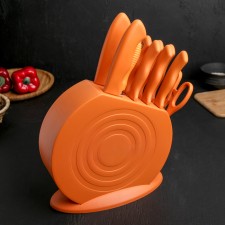 A set of kitchen knives on a stand, 8 knives, knife, scissors, orange color