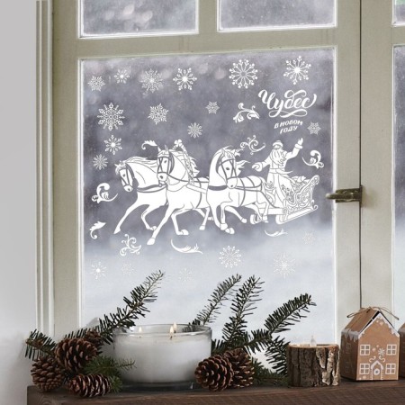 Stick for windows "Troika horses", reusable, 50 x 70 cm, New Year-1