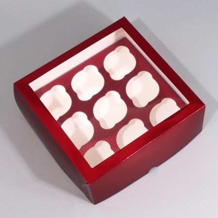 Capcake box, confectionery packaging with a window, 9 burgundy cells, 25 x 25 x 10 cm-1