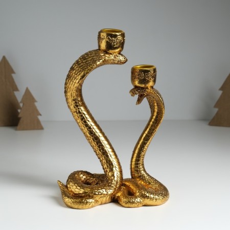 Polystone candlestick for 2 candles "two royal cobra" gold 14.5x10.5x21.2 cm