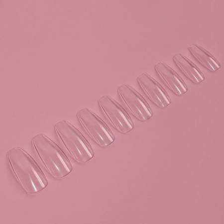 Tips for nail extension, 100 pcs, ballerina shape, full coating, in the container, the color is transparent-3