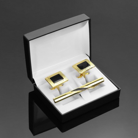 Set of men's “cufflink + clamp 6 cm for a tie” point pattern, rectangle, black color in gold