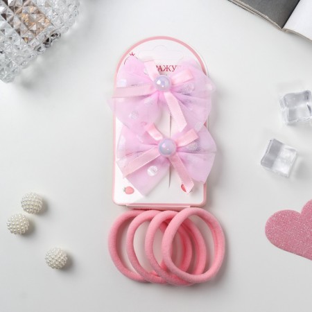 Hair Set "Coquette" (4 gum 4 cm, 2 clamps 7 cm) Overflow bow, pink