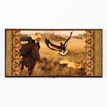 Backgammon "Hunting with a golden eagle", a wooden board 40 x 40 cm, with a field for playing checkers