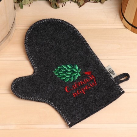 Mitten for a bath with embroidery "with a light steam" gray