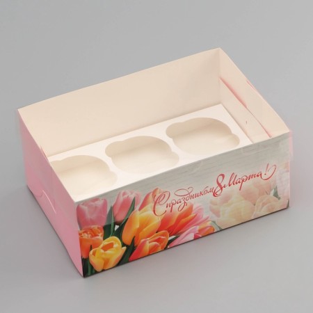 Box for 6 cupcakes with a transparent cover, "Happy March 8", 23 × 16 × 10 cm, confectionery packaging-1