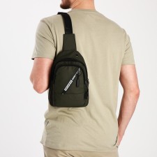 Male sling bag from textiles, headphones, green color