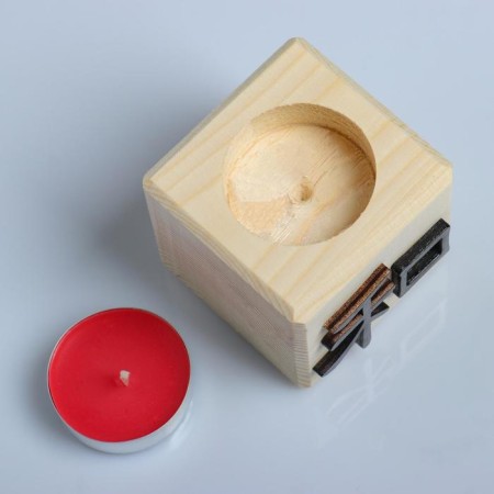 A candle in a wooden candlestick "Cube, hieroglyphs. Harmony", Cherry aroma-2