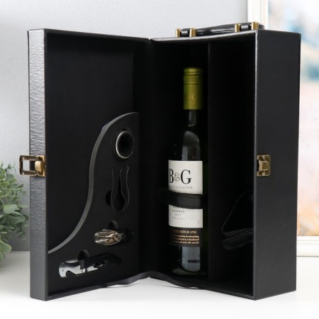 Casket Wood, leatherette for 2 bottles "Black Black" 4 items 34.5x19.5x12 cm-3