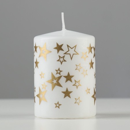 Candle - a cylinder with patterns "Stars", 5.6x8 cm, white with gold
