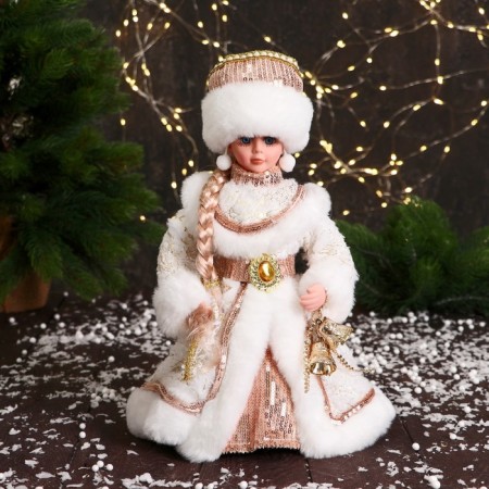 Snow Maiden "In a fur coat with sequins and a scythe" moves, 30 cm, beige-white