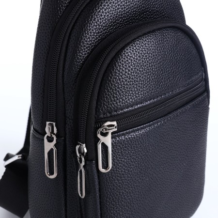 Male sling bag, artificial leather, headphone opening, black color-4