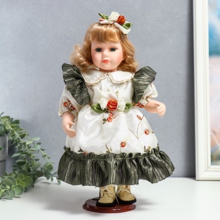 Doll Collectible Ceramics "Beatrice in a satin dress with roses" 30 cm